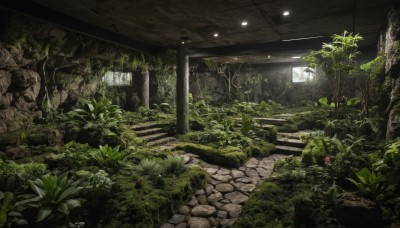 flower,outdoors,indoors,tree,no humans,leaf,sunlight,grass,plant,nature,scenery,forest,stairs,ruins,moss,overgrown,day,window,rock,bush,stone