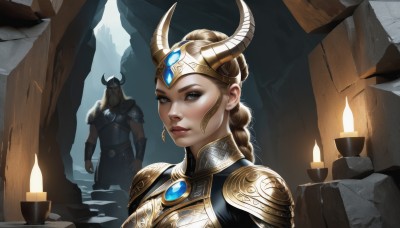 1girl,long hair,looking at viewer,blue eyes,blonde hair,brown hair,1boy,jewelry,closed mouth,upper body,braid,earrings,horns,solo focus,armor,lips,grey eyes,single braid,makeup,helmet,brooch,shoulder armor,gem,pauldrons,breastplate,headpiece,nose,candle,fake horns,full armor,horned headwear,cave,helm,gorget,horned helmet,plate armor,realistic,forehead protector