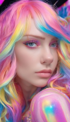 1girl,solo,long hair,looking at viewer,bangs,blue eyes,blonde hair,jewelry,closed mouth,blue hair,pink hair,multicolored hair,parted lips,artist name,necklace,blurry,lips,grey eyes,eyelashes,aqua hair,makeup,watermark,lipstick,portrait,web address,close-up,eyeshadow,pink lips,multicolored eyes,realistic,nose,eyeliner,colorful,mascara,rainbow hair