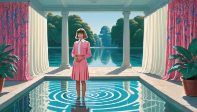 1girl,solo,looking at viewer,smile,short hair,bangs,skirt,brown hair,shirt,long sleeves,dress,brown eyes,standing,jacket,barefoot,day,indoors,water,window,shadow,bob cut,own hands together,plant,curtains,pink dress,scenery,wading,pink skirt,reflection,pink shirt,potted plant,pink jacket,wide shot,ripples,pillar,statue,column,outdoors,sky,blunt bangs,tree,leaf