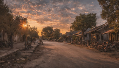 outdoors, sky, cloud, tree, dutch angle, no humans, cloudy sky, ground vehicle, building, scenery, motor vehicle, sunset, road, house, power lines, lamppost, street, bicycle, vanishing point