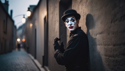 solo,looking at viewer,open mouth,black hair,gloves,long sleeves,1boy,hat,jacket,upper body,male focus,outdoors,black gloves,blurry,black eyes,coat,black jacket,black headwear,makeup,depth of field,blurry background,shadow,parody,lipstick,building,meme,red lips,lamppost,clown,smile,short hair,closed mouth,from side,looking to the side,night,light,alley