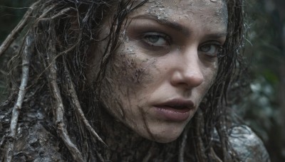 1girl,solo,long hair,looking at viewer,brown hair,black hair,parted lips,teeth,blurry,lips,wet,grey eyes,blurry background,portrait,close-up,realistic,closed mouth,green eyes,water,eyelashes,depth of field,freckles