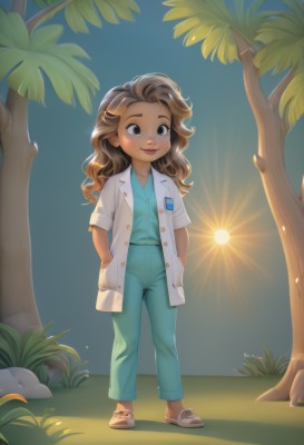 1girl,solo,long hair,blush,smile,brown hair,shirt,brown eyes,jewelry,standing,full body,outdoors,open clothes,pants,dark skin,necklace,dark-skinned female,tree,lips,bird,sandals,grass,blue shirt,child,curly hair,pocket,hands in pockets,labcoat,sun,jacket,short sleeves,parted lips,shoes,artist name,flat chest,leaf,watermark,wavy hair,sunlight,plant,sneakers,palm tree