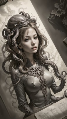 1girl,solo,long hair,breasts,looking at viewer,brown hair,medium breasts,upper body,covered nipples,lips,grey eyes,wavy hair,tentacles,spot color,curly hair,paper,on head,octopus,newspaper,grey theme,blue eyes,blonde hair,dress,parted lips,book,animal,realistic,animal on head,ink