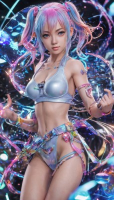 1girl,solo,long hair,breasts,looking at viewer,smile,bangs,blue eyes,navel,cleavage,bare shoulders,twintails,jewelry,medium breasts,underwear,blue hair,standing,collarbone,panties,swimsuit,pink hair,bikini,multicolored hair,cowboy shot,parted lips,midriff,belt,necklace,stomach,nail polish,bra,bracelet,two-tone hair,lips,tattoo,gradient hair,makeup,armlet,realistic,closed mouth,artist name,crop top,watermark,white bikini,short twintails,armband,web address