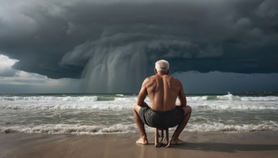 solo,short hair,1boy,white hair,male focus,outdoors,sky,shorts,barefoot,cloud,dark skin,water,from behind,muscular,ocean,back,beach,squatting,dark-skinned male,cloudy sky,scenery,topless male,sand,old,male swimwear,old man,waves,sitting,day,horizon,bald,stool,foam