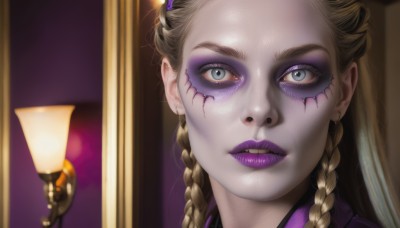 1girl,solo,long hair,looking at viewer,blue eyes,blonde hair,brown hair,hair ornament,jewelry,braid,earrings,parted lips,teeth,indoors,blurry,twin braids,lips,grey eyes,eyelashes,makeup,facial mark,piercing,lipstick,portrait,eyeshadow,realistic,lamp,purple lips,mascara,hairclip,blurry background