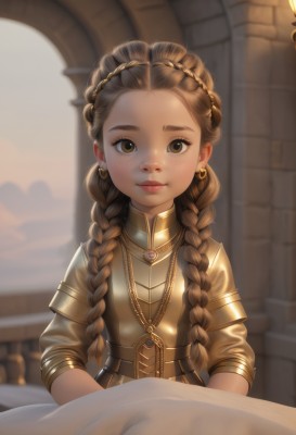 1girl,solo,long hair,looking at viewer,smile,brown hair,brown eyes,jewelry,closed mouth,upper body,braid,earrings,indoors,necklace,armor,blurry,twin braids,lips,depth of field,blurry background,hair over shoulder,forehead,freckles,breastplate,fantasy,multiple braids,artist name,table,thick eyebrows,nose,gold,gold armor