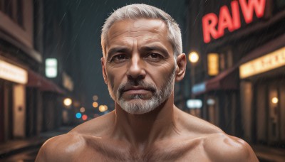 solo,looking at viewer,short hair,1boy,brown eyes,closed mouth,collarbone,upper body,white hair,grey hair,male focus,outdoors,artist name,blurry,wet,night,blurry background,facial hair,building,portrait,beard,rain,city,realistic,mustache,old,chest hair,old man,wrinkled skin,signature,lips,depth of field,scar,manly,bokeh