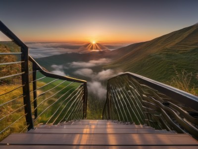 outdoors,sky,cloud,tree,no humans,sunlight,grass,nature,scenery,sunset,stairs,mountain,railing,sun,bridge,railroad tracks,reflection,landscape,mountainous horizon,fog,sunrise,hill