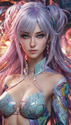 1girl,solo,long hair,breasts,looking at viewer,bangs,blue eyes,hair ornament,cleavage,bare shoulders,twintails,jewelry,medium breasts,closed mouth,collarbone,upper body,pink hair,earrings,detached sleeves,artist name,necklace,armor,blurry,aqua eyes,two side up,lips,eyelashes,blurry background,realistic,bikini armor,grey hair,expressionless,science fiction,nose,cyborg