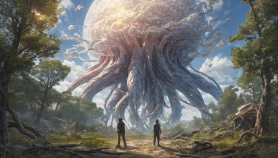 1boy,standing,outdoors,multiple boys,sky,day,pants,cloud,2boys,from behind,tree,blue sky,moon,cloudy sky,grass,nature,scenery,tentacles,forest,monster,fantasy,creature,alien,eldritch abomination,signature,bag,bird,sunlight,backpack,rock,giant