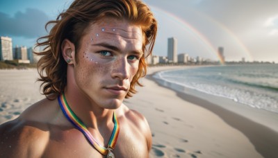 solo,looking at viewer,blue eyes,brown hair,1boy,jewelry,upper body,male focus,earrings,outdoors,sky,day,water,necklace,blurry,lips,blurry background,beach,building,lens flare,freckles,topless male,city,realistic,sand,cityscape,rainbow,cloud,blue sky,muscular,shadow,facial hair,ocean,piercing,sunlight,portrait,stubble,stud earrings,chest hair