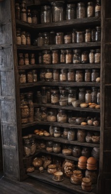 food,indoors,no humans,bottle,scenery,realistic,basket,bread,shelf,food focus,jar,shop,still life,rain,wooden floor