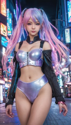 1girl,solo,long hair,breasts,looking at viewer,smile,bangs,blue eyes,navel,cleavage,bare shoulders,twintails,jewelry,medium breasts,underwear,blue hair,standing,jacket,swimsuit,pink hair,bikini,multicolored hair,cowboy shot,earrings,outdoors,detached sleeves,midriff,nail polish,two-tone hair,lips,black jacket,gradient hair,detached collar,night,piercing,zipper,city,realistic,cyberpunk,purple eyes,purple hair,shiny,artist name,watermark,building,web address,road,leather,street