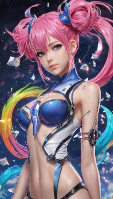 1girl,solo,long hair,breasts,looking at viewer,smile,bangs,blue eyes,hair ornament,navel,cleavage,hair between eyes,bare shoulders,twintails,jewelry,medium breasts,closed mouth,blue hair,upper body,pink hair,multicolored hair,earrings,green hair,sky,sleeveless,hairclip,hair bun,two-tone hair,lips,clothing cutout,double bun,tattoo,gradient hair,star (sky),armlet,realistic,nose,arms at sides,space,sidelocks,open clothes,midriff,artist name,signature,stomach,eyelashes