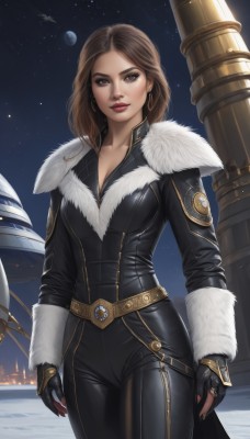 1girl,solo,long hair,breasts,looking at viewer,smile,brown hair,gloves,cleavage,brown eyes,jewelry,medium breasts,standing,collarbone,cowboy shot,earrings,sky,black gloves,belt,pants,fingerless gloves,medium hair,lips,fur trim,bodysuit,makeup,night,moon,lipstick,star (sky),night sky,starry sky,hoop earrings,aircraft,arms at sides,black bodysuit,red lips,space,leather,planet,spacecraft,weapon,artist name,signature,mole,ring,realistic