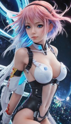 1girl,solo,breasts,looking at viewer,short hair,bangs,blue eyes,large breasts,gloves,navel,cleavage,bare shoulders,jewelry,medium breasts,blue hair,pink hair,multicolored hair,cowboy shot,hairband,earrings,detached sleeves,two-tone hair,leotard,lips,detached collar,science fiction,realistic,cityscape,space,closed mouth,sky,bodysuit,gradient hair,arms behind back,revealing clothes