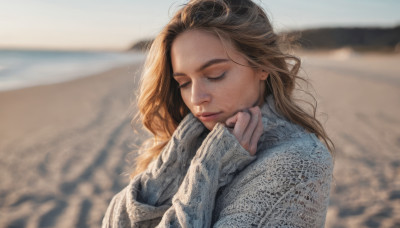 1girl, solo, long hair, brown hair, long sleeves, closed mouth, closed eyes, upper body, outdoors, day, blurry, sweater, lips, sleeves past wrists, eyelashes, blurry background, realistic, nose