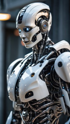 solo,looking at viewer,blue eyes,upper body,blurry,no humans,blurry background,robot,mecha,1other,science fiction,realistic,android,joints,cable,cyborg,robot joints,cyberpunk,mechanical parts,humanoid robot,1girl,from side,lips,depth of field,glowing,glowing eyes,machinery