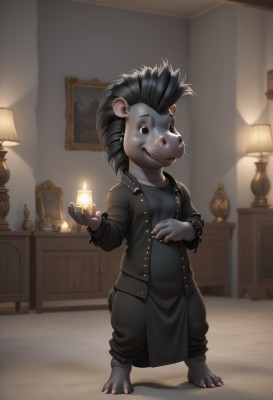 solo,smile,black hair,1boy,animal ears,jewelry,standing,jacket,full body,male focus,earrings,barefoot,pants,artist name,indoors,black eyes,fangs,child,furry,mouse ears,lamp,candle,furry male,male child,mouse,teeth,watermark,web address,vase,buck teeth