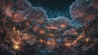 outdoors, sky, water, tree, no humans, night, cherry blossoms, star (sky), night sky, scenery, starry sky, reflection, lantern, rock, fireworks, river