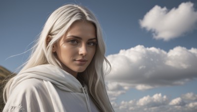 1girl,solo,long hair,looking at viewer,smile,blonde hair,brown eyes,closed mouth,upper body,white hair,outdoors,sky,day,artist name,cloud,signature,hood,blurry,blue sky,lips,grey eyes,hoodie,depth of field,blurry background,hood down,cloudy sky,portrait,forehead,zipper,realistic,nose,drawstring,white hoodie,blue eyes,freckles