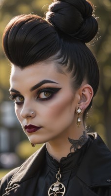 1girl,solo,looking at viewer,short hair,black hair,brown eyes,jewelry,closed mouth,jacket,yellow eyes,earrings,artist name,necklace,hair bun,blurry,lips,black jacket,eyelashes,tattoo,makeup,depth of field,blurry background,piercing,single hair bun,lipstick,ear piercing,portrait,eyeshadow,freckles,realistic,nose,red lips,stud earrings,eyeliner,mascara,gothic,nose piercing,signature,backlighting,undercut,bokeh,updo,neck tattoo,lip piercing,eyebrow piercing