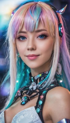 1girl,solo,long hair,breasts,looking at viewer,smile,bangs,blue eyes,blonde hair,bare shoulders,jewelry,medium breasts,closed mouth,underwear,nipples,blue hair,upper body,pink hair,multicolored hair,small breasts,horns,necklace,bra,blurry,two-tone hair,lips,eyelashes,aqua hair,makeup,headphones,realistic,nose,one breast out,earrings,lipstick,portrait