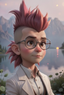 1girl,solo,blush,smile,short hair,brown hair,shirt,1boy,brown eyes,closed mouth,jacket,white shirt,upper body,pink hair,male focus,red hair,outdoors,glasses,collared shirt,artist name,water,blurry,lips,dress shirt,buttons,depth of field,blurry background,formal,suit,spiked hair,reflection,black-framed eyewear,realistic,nose,round eyewear,lake,mohawk,sky,leaf,mountain,labcoat,bokeh