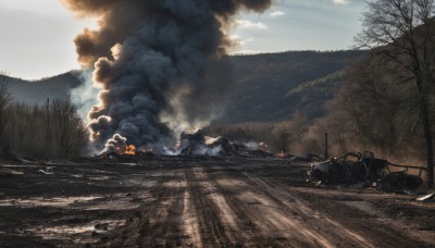 outdoors,sky,day,cloud,tree,military,no humans,cloudy sky,fire,ground vehicle,nature,scenery,motor vehicle,forest,smoke,mountain,road,explosion,landscape,burning,water,military vehicle,car,battle,tank,war