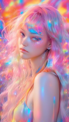 1girl,solo,long hair,breasts,looking at viewer,bangs,blue eyes,bare shoulders,jewelry,closed mouth,upper body,pink hair,multicolored hair,earrings,blurry,from side,lips,eyelashes,sideboob,makeup,wavy hair,eyeshadow,nose,colorful,blue hair,sleeveless,artist name,looking to the side,gradient hair,watermark,freckles,realistic,mascara