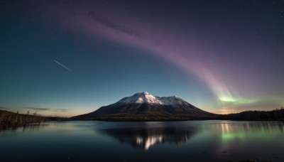 outdoors,sky,cloud,water,tree,no humans,night,star (sky),nature,night sky,scenery,starry sky,reflection,mountain,river,landscape,mountainous horizon,lake,shooting star,aurora,milky way