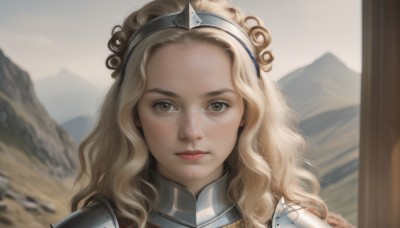 1girl,solo,long hair,looking at viewer,blonde hair,brown eyes,closed mouth,hairband,outdoors,day,armor,blurry,lips,depth of field,blurry background,wavy hair,shoulder armor,portrait,forehead,freckles,curly hair,mountain,realistic,close-up,pauldrons,nose