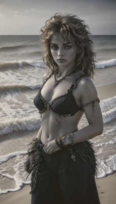 1girl,solo,long hair,breasts,looking at viewer,skirt,brown hair,navel,cleavage,bare shoulders,jewelry,medium breasts,closed mouth,underwear,standing,monochrome,swimsuit,bikini,cowboy shot,outdoors,midriff,black skirt,water,necklace,stomach,bra,bracelet,lips,ocean,beach,feathers,messy hair,bikini top only,armlet,realistic,sand,waves,shore,blonde hair,brown eyes,black bikini