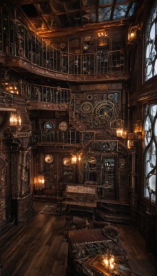 indoors,book,no humans,window,chair,table,fire,scenery,desk,lantern,wooden floor,stairs,fantasy,door,railing,clock,bookshelf,lamp,candle,gears,candlestand,chandelier,steampunk,analog clock,plant,shelf,cabinet,fireplace,wood,loaded interior