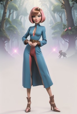 1girl,solo,breasts,looking at viewer,smile,short hair,bangs,blue eyes,brown hair,long sleeves,dress,cleavage,medium breasts,closed mouth,standing,full body,pink hair,flower,multicolored hair,outdoors,belt,pants,artist name,high heels,two-tone hair,tree,lips,clothing cutout,makeup,swept bangs,animal,cleavage cutout,sunlight,bob cut,own hands together,lipstick,nature,pink flower,forest,high heel boots,shirt,brown eyes,small breasts,necktie,shoes,day,black eyes,brown footwear,red necktie,light rays,brown belt