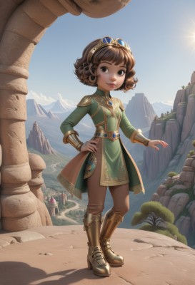 1girl,solo,looking at viewer,short hair,bangs,brown hair,long sleeves,dress,brown eyes,jewelry,closed mouth,standing,full body,boots,outdoors,sky,day,pants,artist name,cloud,signature,armor,tree,blue sky,lips,hand on hip,shadow,watermark,brown footwear,knee boots,goggles,curly hair,goggles on head,rock,mountain,fantasy,sand,sun,armored boots,brown pants,desert,cliff,smile,hairband,small breasts,sunlight,tiara,scenery,green dress