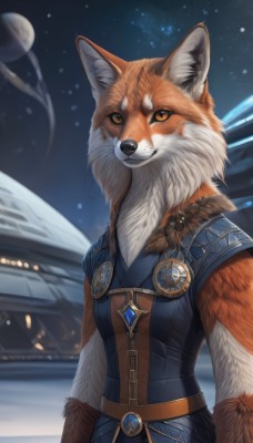 1girl,solo,looking at viewer,smile,animal ears,brown eyes,jewelry,closed mouth,standing,tail,upper body,outdoors,sky,sleeveless,belt,artist name,signature,necklace,blurry,orange eyes,fur trim,fox ears,night,blurry background,moon,gem,star (sky),night sky,furry,snow,full moon,starry sky,snowing,furry female,arms at sides,body fur,white fur,planet,fur,animal nose,whiskers,snout,brown fur,two-tone fur,black fur,fluffy,orange fur,no humans,animal