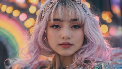 1girl,solo,long hair,looking at viewer,bangs,hair ornament,jewelry,white hair,multicolored hair,parted lips,teeth,artist name,necklace,blurry,black eyes,lips,grey eyes,eyelashes,makeup,depth of field,blurry background,watermark,wavy hair,portrait,freckles,realistic,nose,red lips,bokeh,thick eyebrows,tiara,gem,close-up