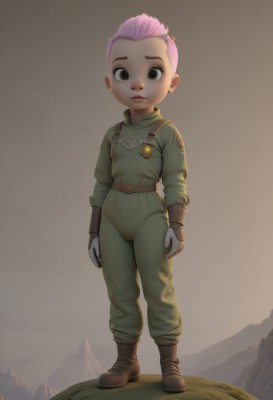 1girl,solo,looking at viewer,short hair,simple background,gloves,closed mouth,standing,full body,pink hair,boots,outdoors,belt,black eyes,lips,brown footwear,child,very short hair,jumpsuit,brown eyes,artist name,uniform,military,aged down,mountain,undercut