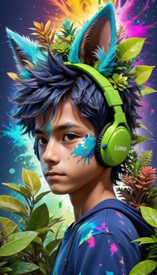 solo,looking at viewer,black hair,hair ornament,1boy,animal ears,brown eyes,closed mouth,blue hair,upper body,flower,male focus,artist name,cat ears,hair flower,hood,lips,fox ears,hoodie,headphones,leaf,watermark,plant,portrait,web address,freckles,nose,paint splatter,animal ear headphones,paint,rabbit ears,from side,blue shirt,splatter