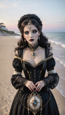 1girl,solo,long hair,breasts,looking at viewer,brown hair,black hair,long sleeves,dress,cleavage,jewelry,medium breasts,standing,collarbone,cowboy shot,earrings,small breasts,outdoors,parted lips,detached sleeves,sky,choker,day,puffy sleeves,necklace,blurry,black eyes,black dress,lips,see-through,grey eyes,makeup,detached collar,blurry background,ocean,wavy hair,beach,own hands together,tiara,lipstick,juliet sleeves,brooch,gem,pale skin,eyeshadow,curly hair,gold trim,circlet,sand,red lips,straight-on,red gemstone,head chain,artist name,water,nail polish,realistic