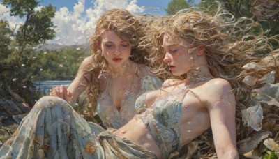 long hair,breasts,open mouth,multiple girls,skirt,blonde hair,brown hair,dress,navel,2girls,cleavage,bare shoulders,jewelry,medium breasts,closed eyes,braid,flower,earrings,outdoors,lying,parted lips,sky,day,pointy ears,midriff,cloud,on back,necklace,tree,blue sky,lips,petals,eyelashes,floating hair,blue dress,holding hands,bird,siblings,leaf,wavy hair,white flower,sisters,wind,nature,twins,mountain,realistic,red lips,on ground,sitting,collarbone,teeth,sleeveless,tears,water,white dress,wet,see-through,sideboob,sleeveless dress,cloudy sky,crying,wet clothes,carrying,curly hair,nose,fantasy,wet hair,dirty,unconscious