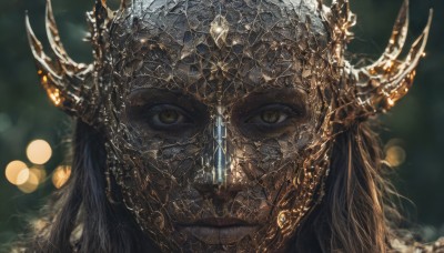 1girl,solo,long hair,looking at viewer,black hair,closed mouth,yellow eyes,horns,dark skin,blurry,dark-skinned female,lips,depth of field,blurry background,portrait,close-up,fantasy,fake horns,straight-on,bokeh,jewelry,earrings,armor,eyelashes,glowing,heterochromia,helmet,realistic,gold,horned helmet