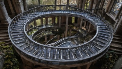 indoors,tree,no humans,window,sunlight,plant,building,scenery,stairs,fantasy,railing,architecture,bridge,pillar,stained glass,church,arch,column,from above,nature,forest