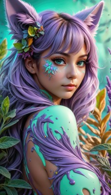 1girl,solo,long hair,breasts,looking at viewer,bangs,large breasts,hair ornament,animal ears,jewelry,medium breasts,closed mouth,green eyes,upper body,purple hair,flower,nude,earrings,artist name,hair flower,blurry,from side,aqua eyes,lips,fox ears,eyelashes,sideboob,makeup,blurry background,leaf,facial mark,plant,lipstick,eyeshadow,nose,eyeliner,extra ears,facepaint,bodypaint,mascara