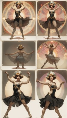 1girl,breasts,smile,short hair,skirt,brown hair,black hair,dress,bare shoulders,jewelry,pantyhose,alternate costume,black dress,high heels,bracelet,see-through,strapless,multiple views,dancing,looking at viewer,blue eyes,standing,arms up,leotard,fighting stance,realistic,ballerina,ballet slippers,ballet,tutu