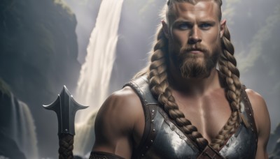 solo,long hair,looking at viewer,blue eyes,blonde hair,brown hair,gloves,1boy,holding,bare shoulders,closed mouth,upper body,weapon,braid,male focus,outdoors,pointy ears,sword,water,holding weapon,armor,blurry,twin braids,muscular,blurry background,facial hair,scar,knife,pectorals,muscular male,elf,hair over shoulder,beard,mountain,mature male,realistic,mustache,manly,chest hair,waterfall,thick eyebrows,scar on face,chainmail